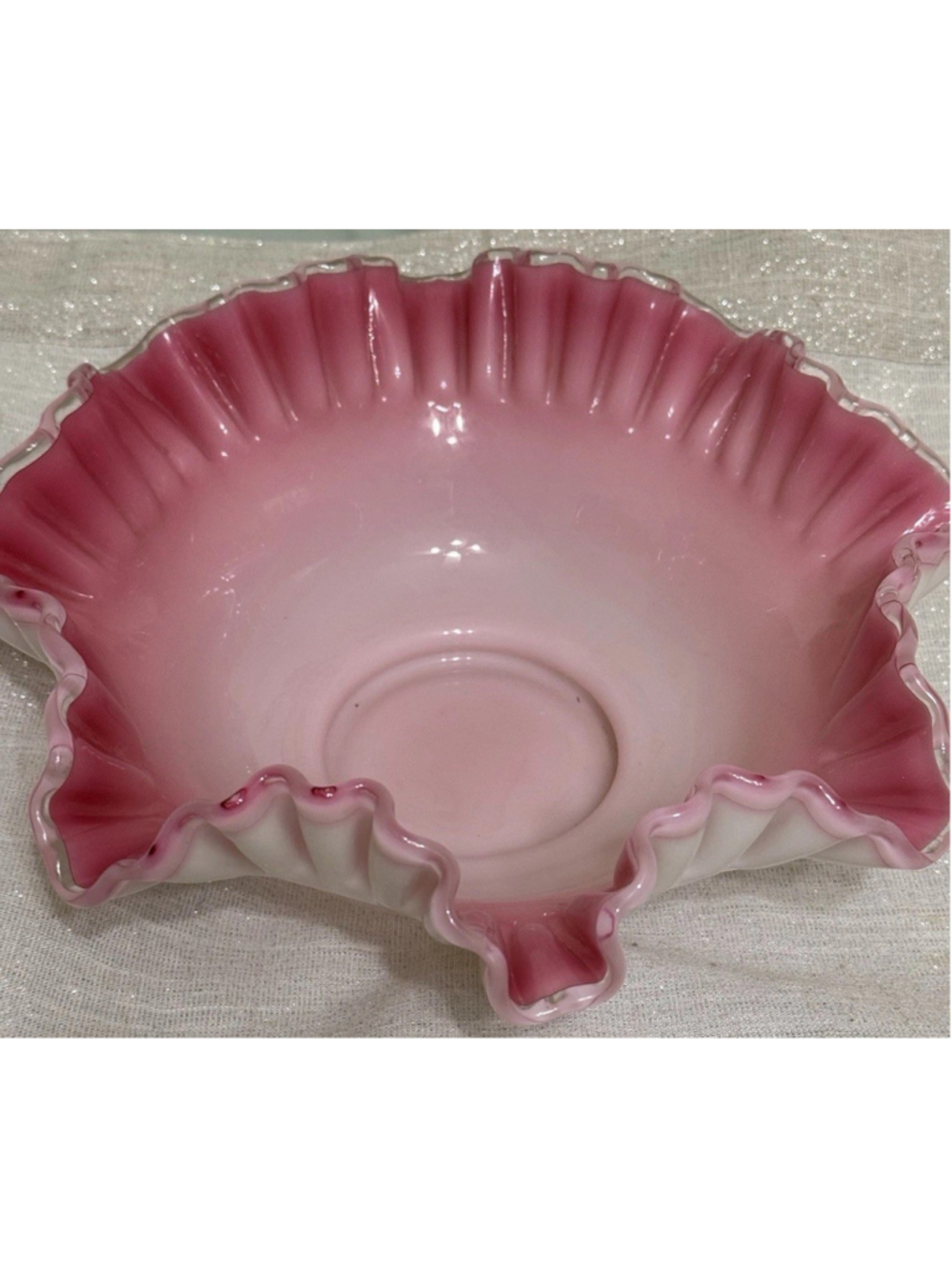 Antique Victorian Fenton Style Glass Ruffled Edge Brides Basket Bowl